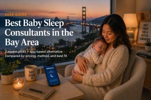 Best baby sleep consultants in the Bay Area 2026 guide cover — mother holding sleeping newborn at desk with Betteroo app visible on phone, Golden Gate Bridge and San Francisco skyline through window