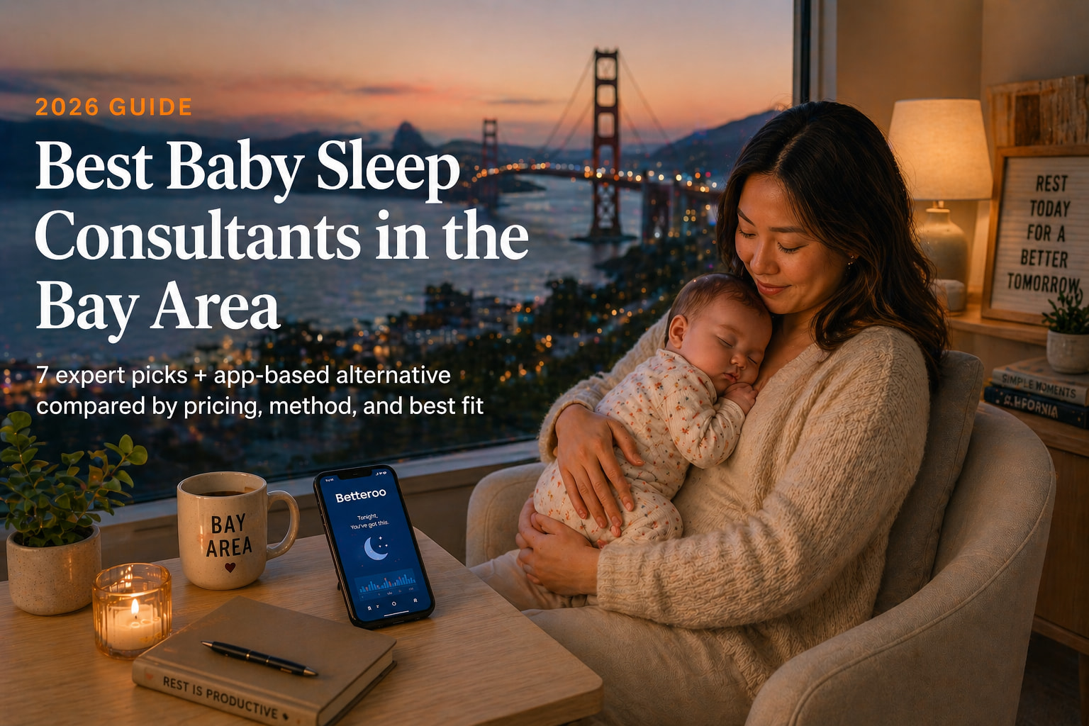 Best baby sleep consultants in the Bay Area 2026 guide cover — mother holding sleeping newborn at desk with Betteroo app visible on phone, Golden Gate Bridge and San Francisco skyline through window