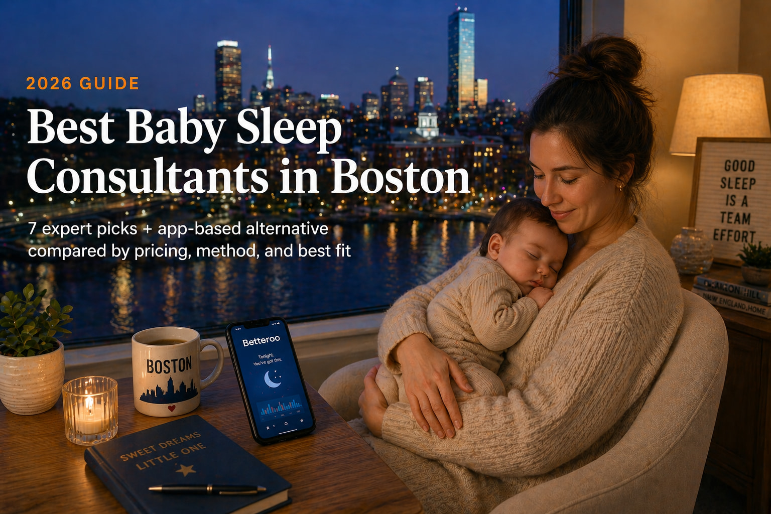 Best baby sleep consultants in Boston 2026 — mother holding sleeping baby with Boston skyline view