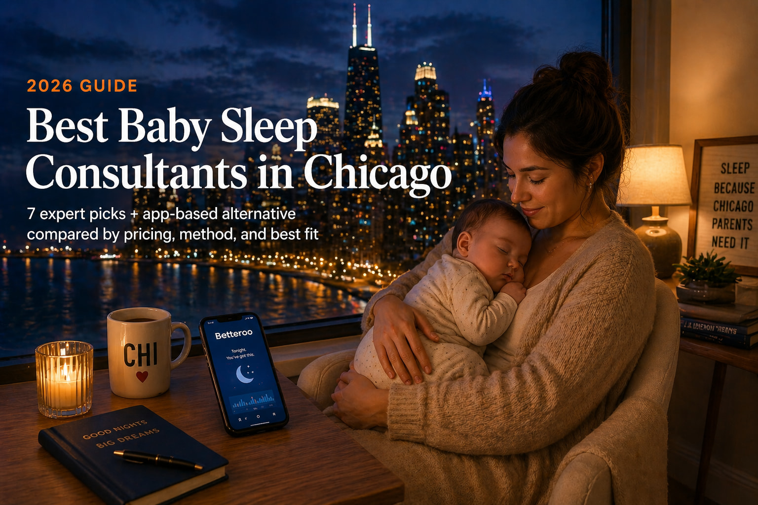Best baby sleep consultants in Chicago 2026 — mother holding sleeping baby with Chicago skyline view
