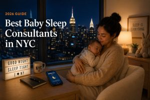 Mother holding sleeping baby in a Manhattan apartment with the NYC skyline visible through the window, illustrating a guide to the best baby sleep consultants in NYC for 2026