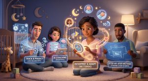 Four parents in a nursery comparing baby sleep app approaches: Track and Predict (Huckleberry), AI Coaching (Pampers), Interpret and Adapt (Betteroo), and Step-by-Step Method (Taking Cara Babies)