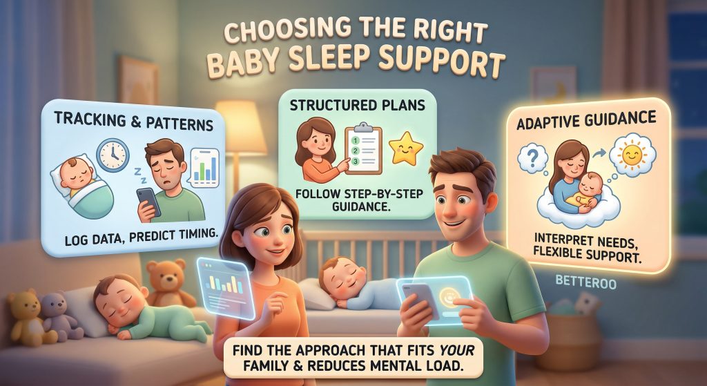 Bestsleeptrainingappsinfographic | Betteroo Infographic comparing the best sleep training apps for babies by approach: Tracking and Patterns, Structured Plans, and Adaptive Guidance — helping parents find the approach that fits their family and reduces mental load