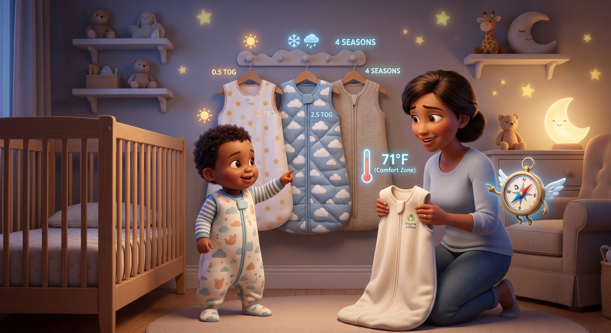 Toddler and mother comparing the best toddler sleep sacks by TOG rating — 0.5 TOG, 2.5 TOG, and 4-season options - in a cozy nursery at 71°F
