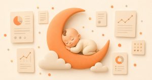 Soft 3D illustration of a baby sleeping on a crescent moon surrounded by floating research papers and charts, illustrating the question of whether sleep training works.