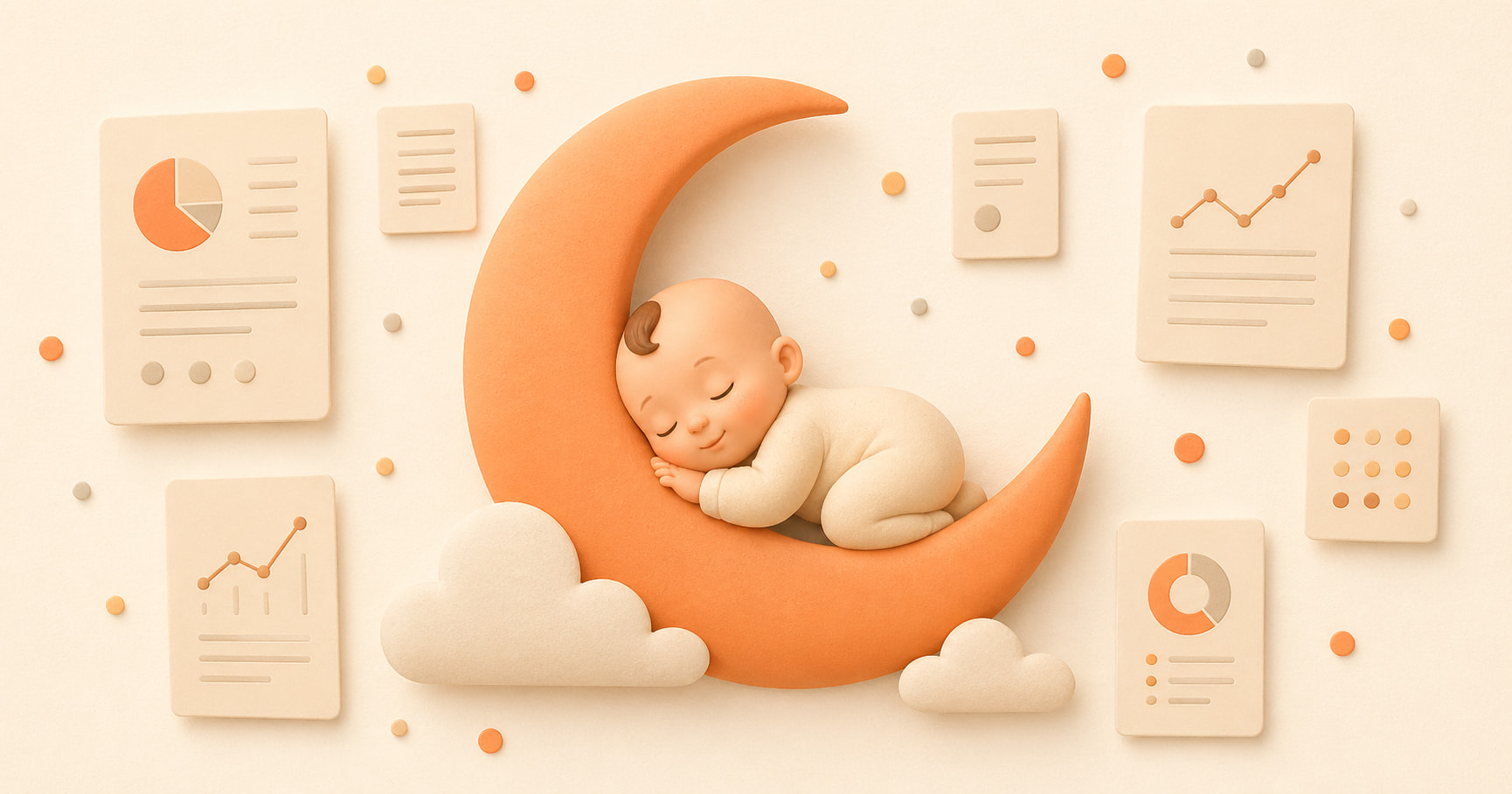 Soft 3D illustration of a baby sleeping on a crescent moon surrounded by floating research papers and charts, illustrating the question of whether sleep training works.