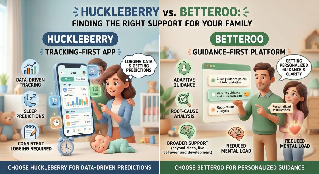 Huckleberry vs Betteroo infographic comparing tracking-first and guidance-first approaches to baby sleep — Huckleberry focuses on data-driven tracking, sleep predictions, and consistent logging while Betteroo focuses on adaptive guidance, root-cause analysis, and reduced mental load