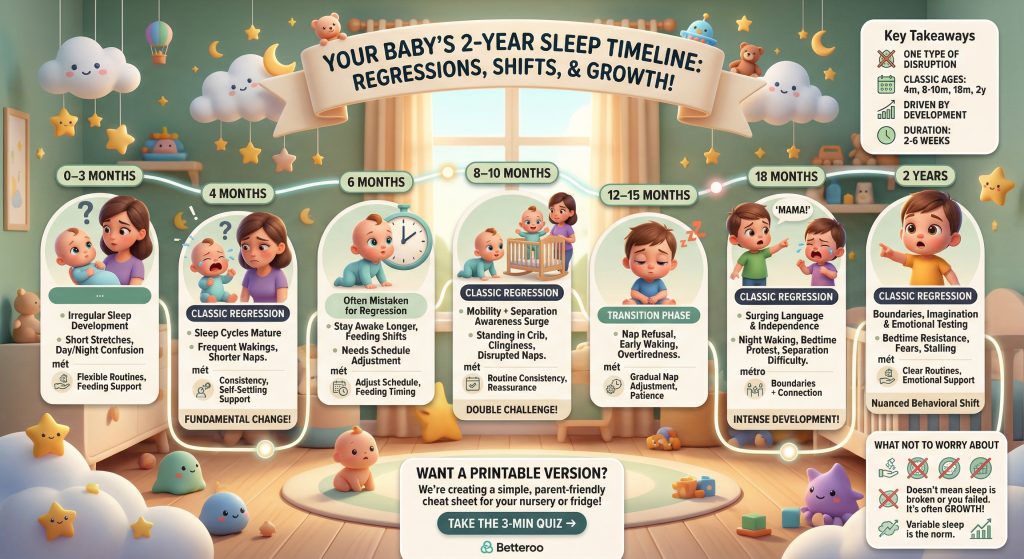 Sleepregressionagestimelineinfographic | Betteroo Sleep regression ages timeline infographic showing baby sleep disruptions from 0 to 2 years, including classic regressions at 4 months, 8–10 months, 18 months, and 2 years, with signs, duration, and what helps at each stage