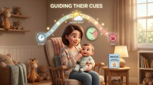 Wakewindowsbyage | Betteroo Wake windows by age guide — mother holding baby in a nursery with a visual showing the sweet spot between starting a wake window and the overtired limit