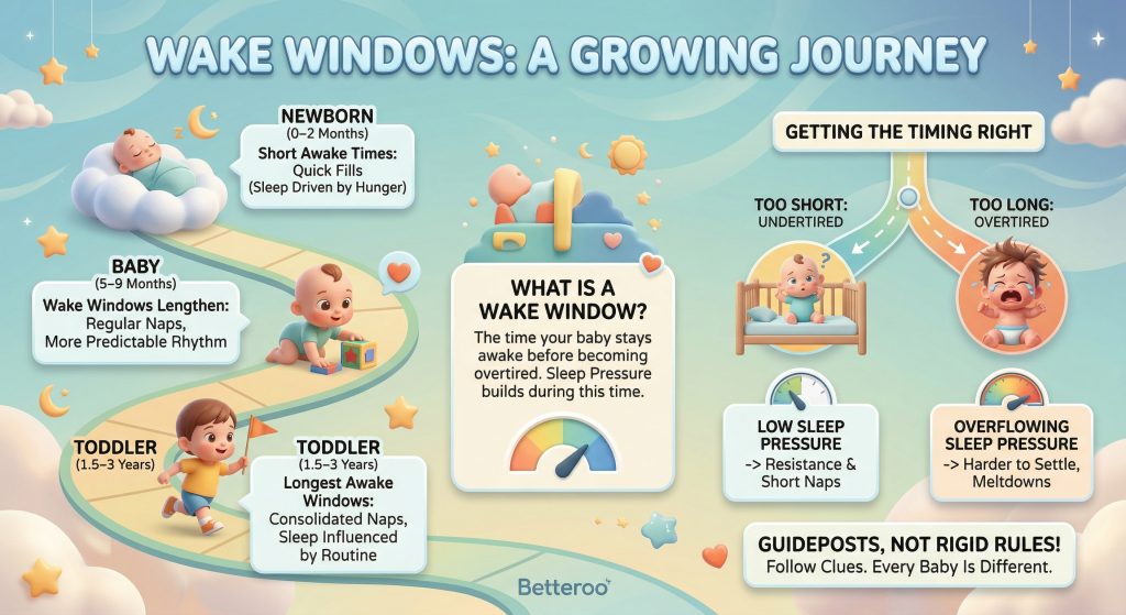Wake windows by age infographic showing how awake time changes from newborn to toddler, with signs of undertiredness and overtiredness and how sleep pressure builds during each wake window