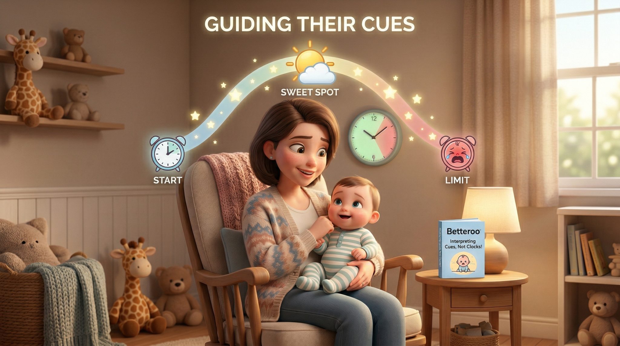 Wake windows by age guide — mother holding baby in a nursery with a visual showing the sweet spot between starting a wake window and the overtired limit