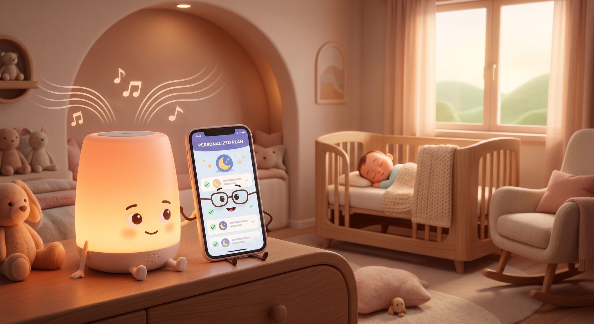 Hatch Rest vs Betteroo comparison — a Hatch Rest smart sound machine and night light shown beside Betteroo's adaptive personalized sleep plan app