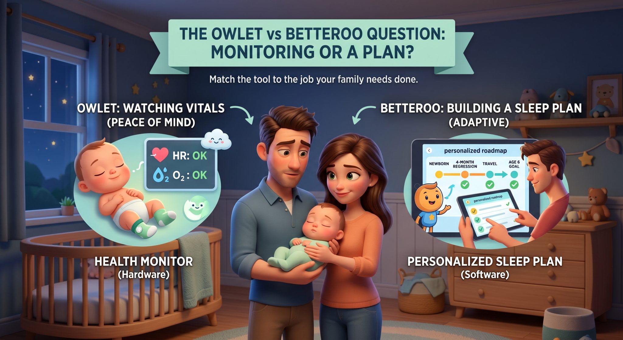 Owletvsbetteroo | Betteroo Owlet vs Betteroo comparison — an Owlet wearable baby health monitor shown beside Betteroo's adaptive personalized sleep plan app