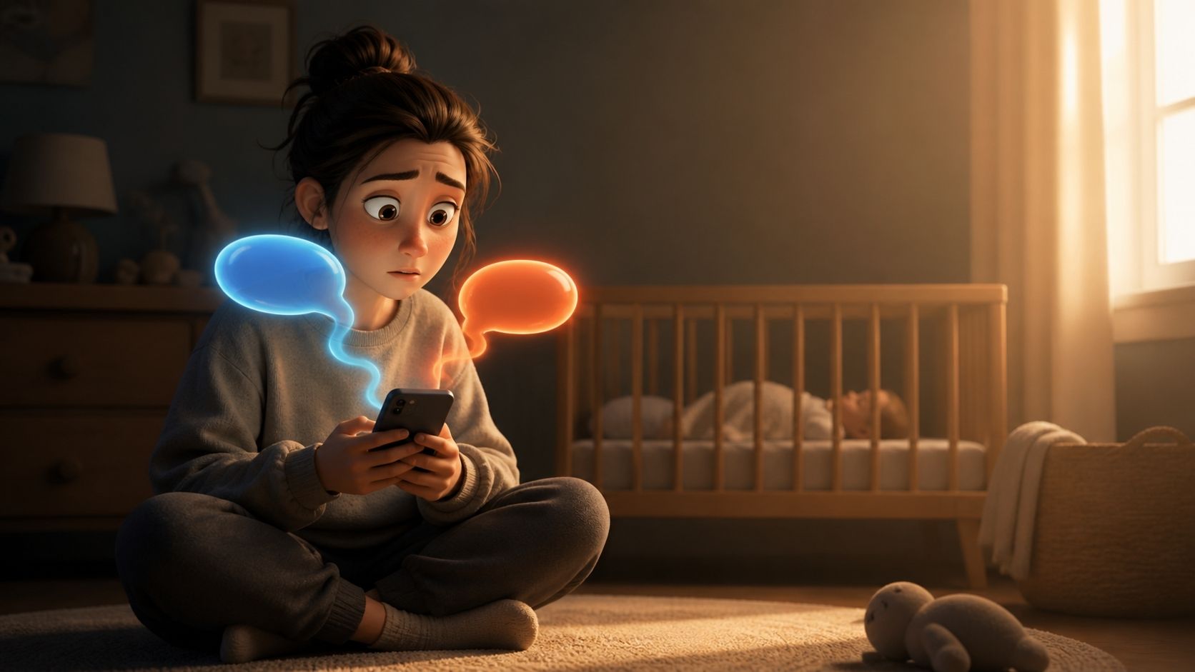 A girl sits cross‑legged on the floor of a dimly lit nursery, looking at her phone with blue and orange chat bubbles floating beside her; a baby sleeps in a crib in the background.
