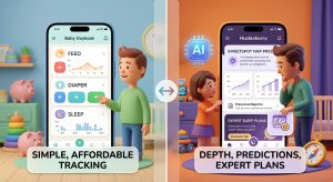 Split-screen illustration of two smartphones showing a baby tracking app: left screen labeled 'Baby Daybook' with simple tracking metrics; right screen shows depth predictions and expert plans, emphasizing features for parents.