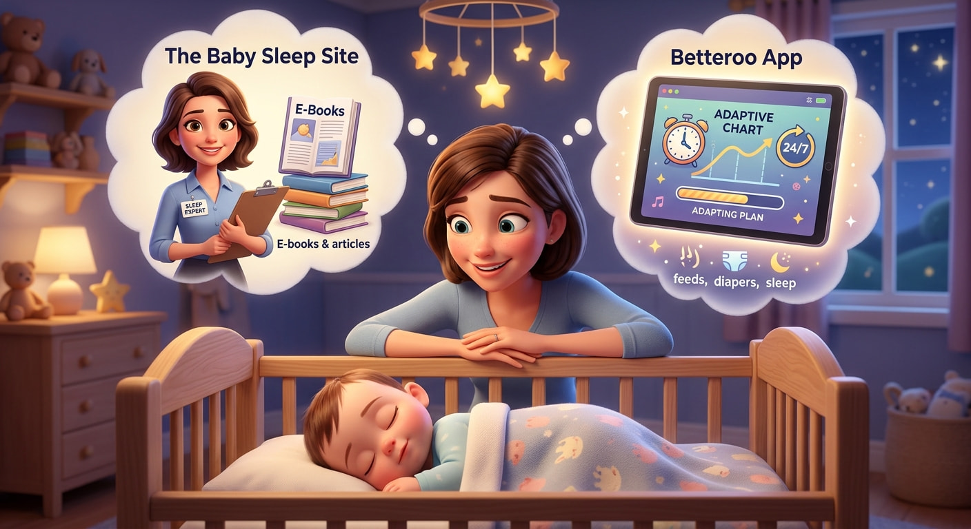 The Baby Sleep Site vs Betteroo comparison — a consultant-led baby sleep service shown beside Betteroo's adaptive personalized sleep plan app