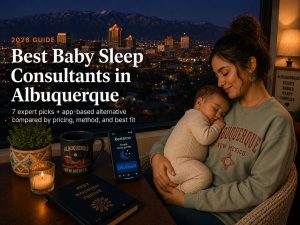 Tired parent soothing a baby to sleep at dawn, illustrating the best baby sleep consultants in Albuquerque, NM.