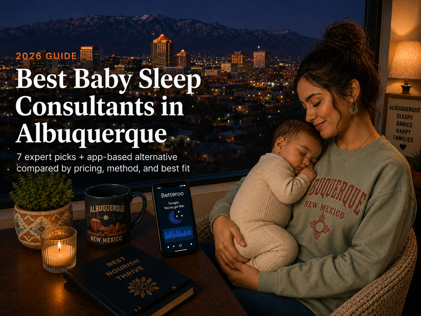 Tired parent soothing a baby to sleep at dawn, illustrating the best baby sleep consultants in Albuquerque, NM.