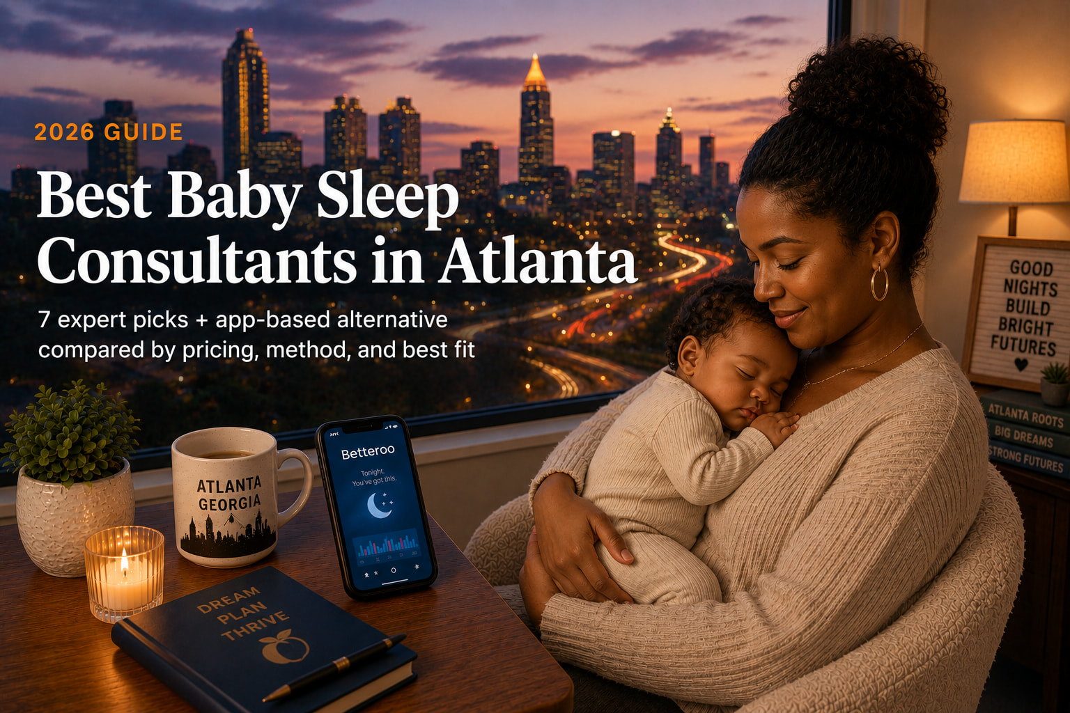 Tired Atlanta parent holding sleeping baby in a softly lit nursery with the Atlanta skyline at dusk, illustrating the best baby sleep consultants in Atlanta guide