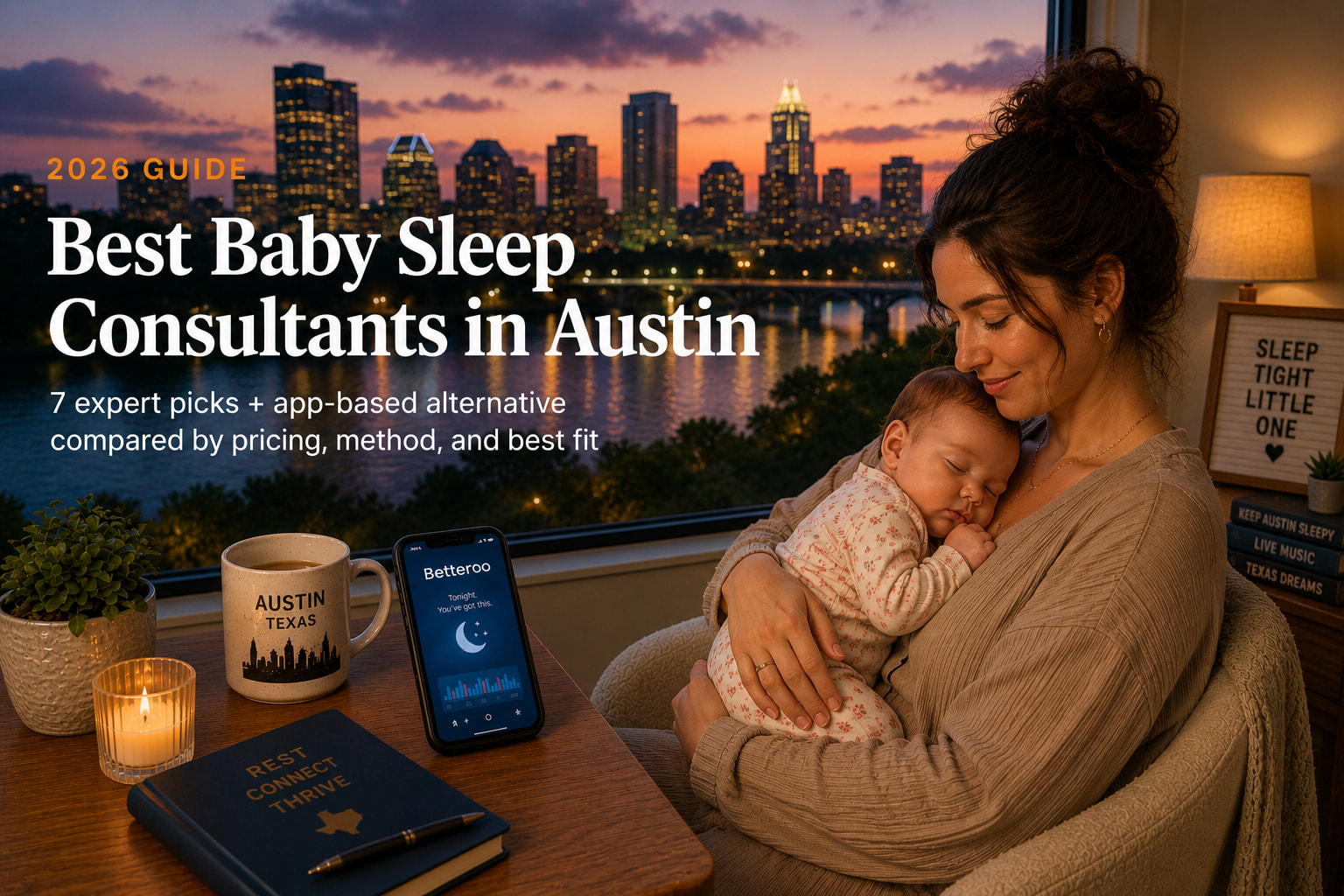 Tired Austin parent holding sleeping baby in a softly lit nursery with downtown Austin skyline at dusk, illustrating the best baby sleep consultants in Austin guide