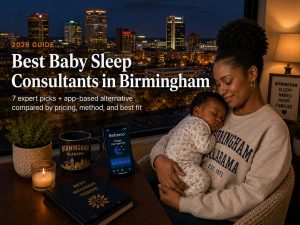Tired Birmingham AL parent comforting a baby at night, illustrating the best baby sleep consultants in Birmingham options.