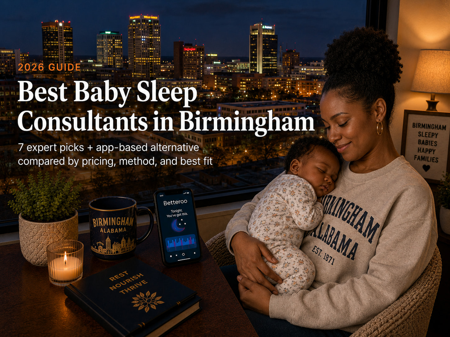 Tired Birmingham AL parent comforting a baby at night, illustrating the best baby sleep consultants in Birmingham options.