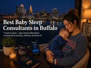 Tired parent comforting a baby at night in a Buffalo home, illustrating the best baby sleep consultants in Buffalo.