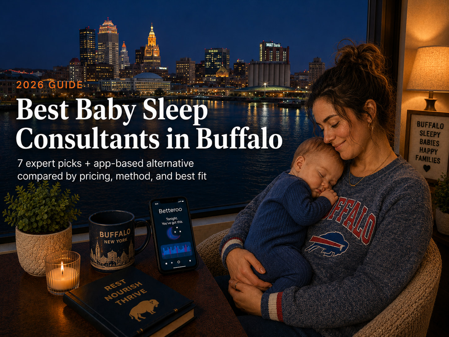 Tired parent comforting a baby at night in a Buffalo home, illustrating the best baby sleep consultants in Buffalo.