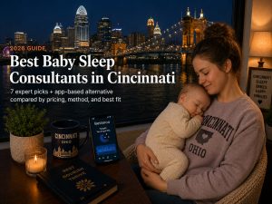 Tired parent rocking a baby to sleep near a downtown Cincinnati window, illustrating baby sleep consultants in Cincinnati.