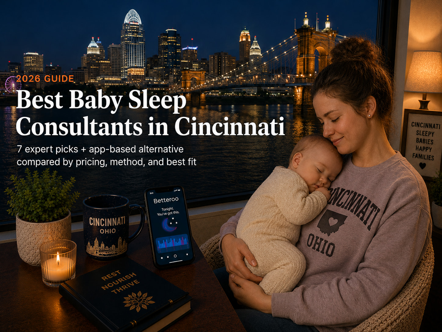 Tired parent rocking a baby to sleep near a downtown Cincinnati window, illustrating baby sleep consultants in Cincinnati.