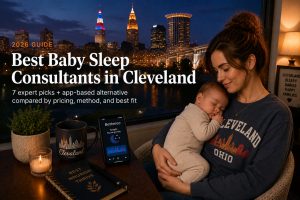 Bestbabysleepconsultantscleveland | Betteroo Tired parent comforting a baby with the Cleveland lakefront skyline outside, illustrating baby sleep consultants in Cleveland.