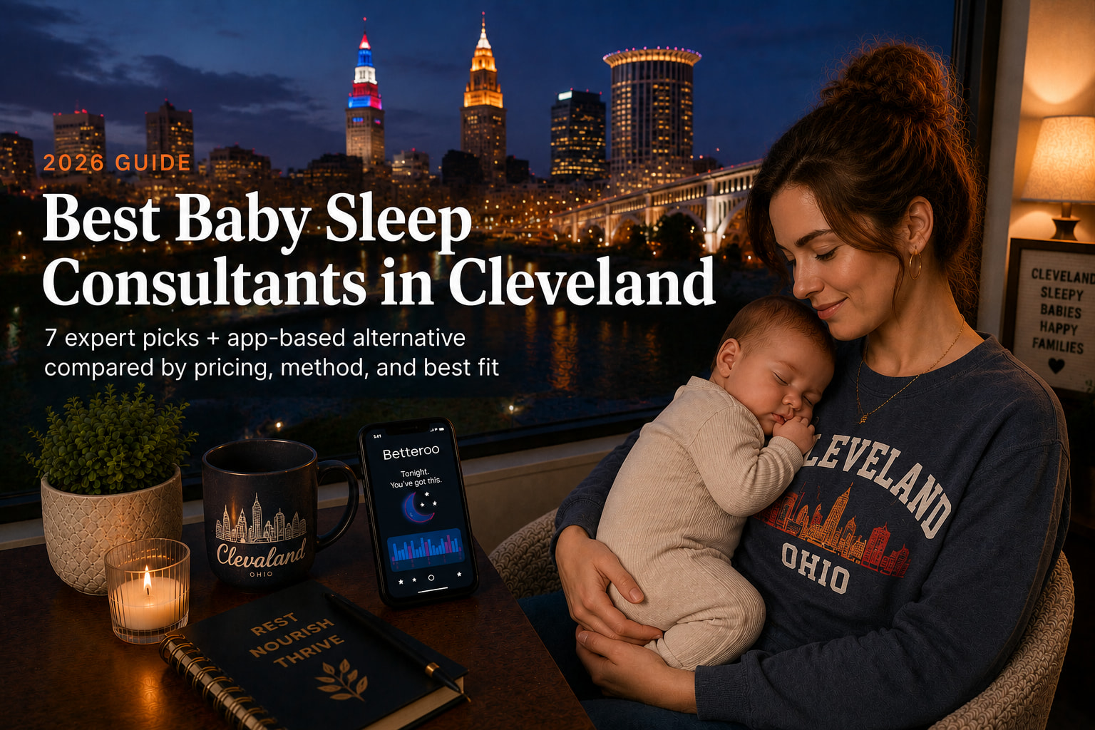 Bestbabysleepconsultantscleveland | Betteroo Tired parent comforting a baby with the Cleveland lakefront skyline outside, illustrating baby sleep consultants in Cleveland.