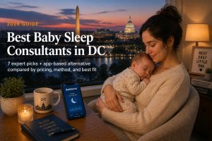 Tired parent holding sleeping baby in a Washington DC row-house bedroom, illustrating baby sleep consultants in DC