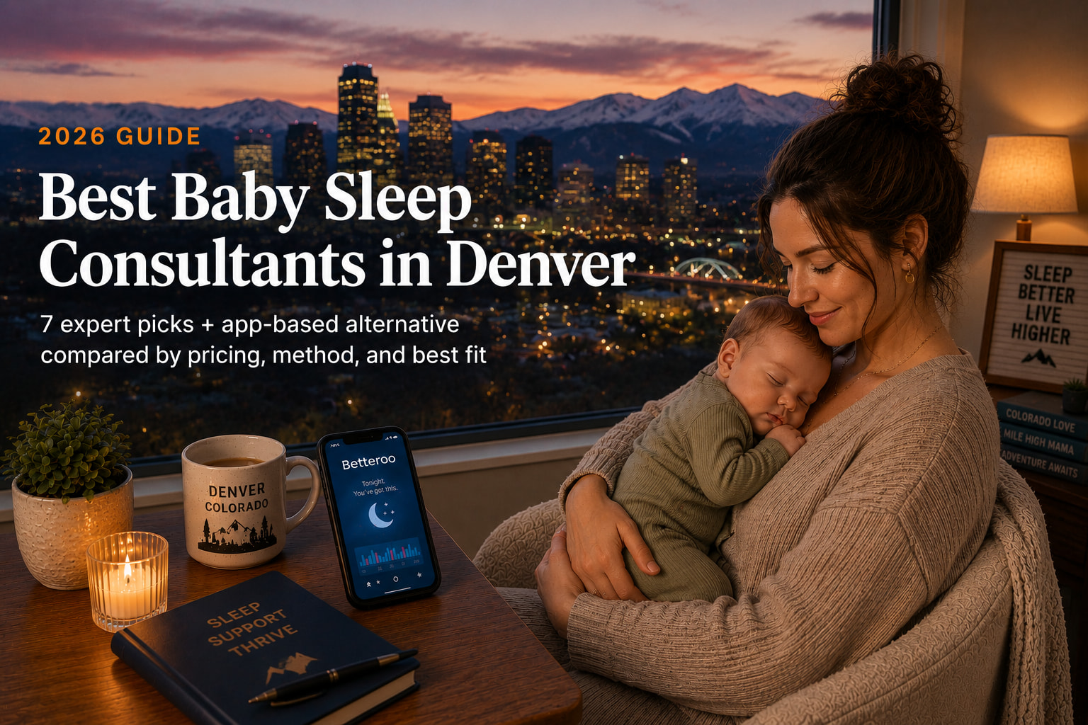 Bestbabysleepconsultantsdenver | Betteroo Tired Denver parent holding sleeping baby in a softly lit nursery with the Denver skyline and Rocky Mountains at dusk, illustrating the best baby sleep consultants in Denver guide