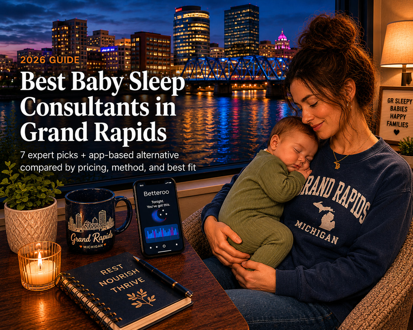 Tired parent settling a baby to sleep in a Grand Rapids nursery, illustrating the best baby sleep consultants in Grand Rapids.