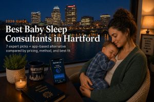 Tired Hartford parent holding a sleeping baby near a West Hartford home, illustrating the best baby sleep consultants in Hartford.