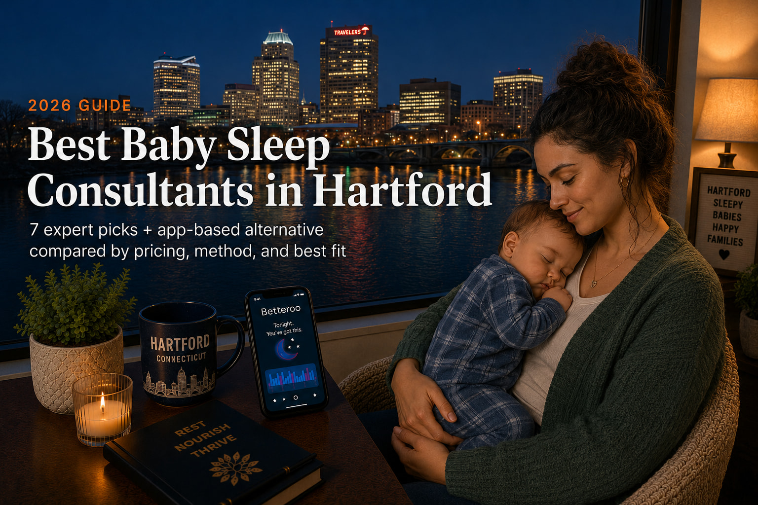 Tired Hartford parent holding a sleeping baby near a West Hartford home, illustrating the best baby sleep consultants in Hartford.