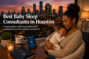 Mother cradles a sleeping baby by a window with a Houston skyline at sunset; a cozy desk scene includes a candle, a 'Houston Texas' mug, a phone displaying the Betteroo app, a plant, and a notebook reading 'Rest Plan Thrive'.