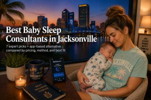 Bestbabysleepconsultantsjacksonville | Betteroo Tired parent soothing a baby in a Jacksonville nursery near a coastal Florida window, illustrating baby sleep consultants in Jacksonville.