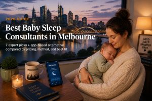 Melbourne skyline at dusk with a parent reading to a baby in a softly lit nursery, illustrating baby sleep consultants in Melbourne.