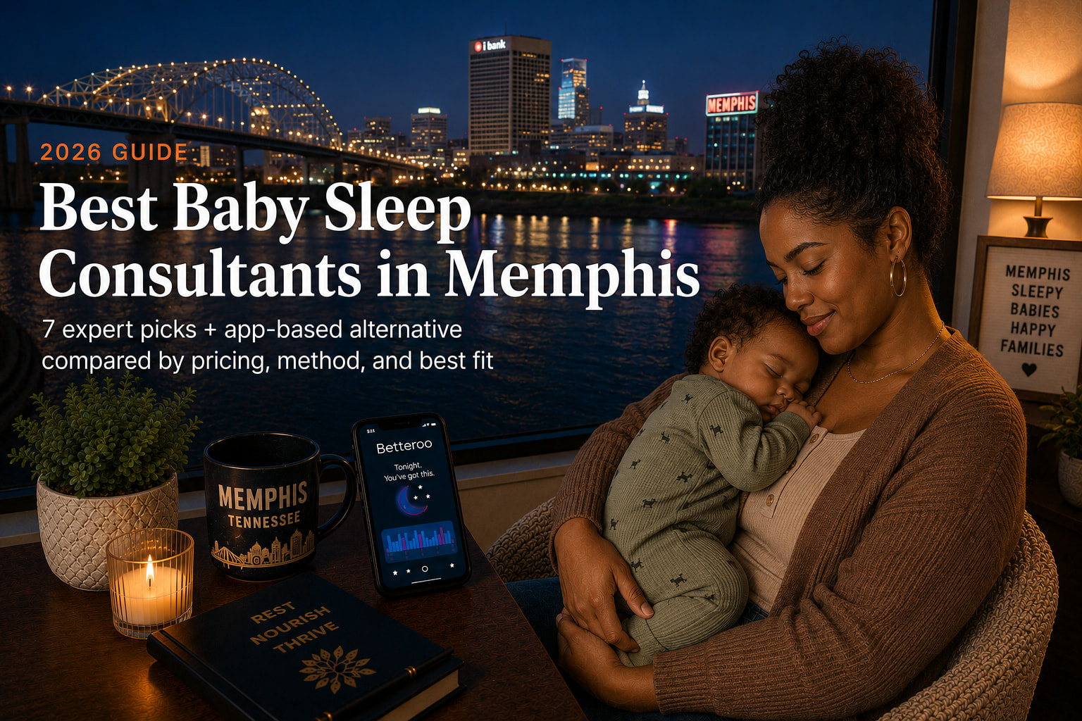 Tired parent rocking a baby to sleep at home with the Memphis skyline visible outside, illustrating baby sleep consultants in Memphis.