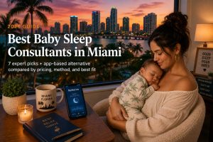 Tired Miami parent holding sleeping baby in a softly lit nursery with the Miami skyline and palm trees at dusk, illustrating the best baby sleep consultants in Miami guide
