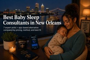 Bestbabysleepconsultantsneworleans | Betteroo Tired parent comforting a baby in a New Orleans home with a French Quarter street visible outside, illustrating baby sleep consultants in New Orleans.