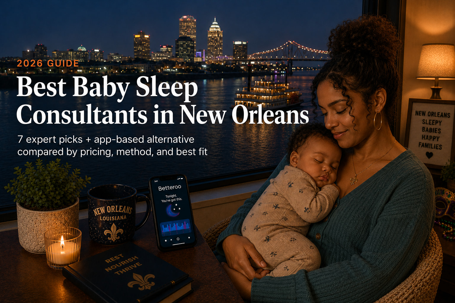 Tired parent comforting a baby in a New Orleans home with a French Quarter street visible outside, illustrating baby sleep consultants in New Orleans.