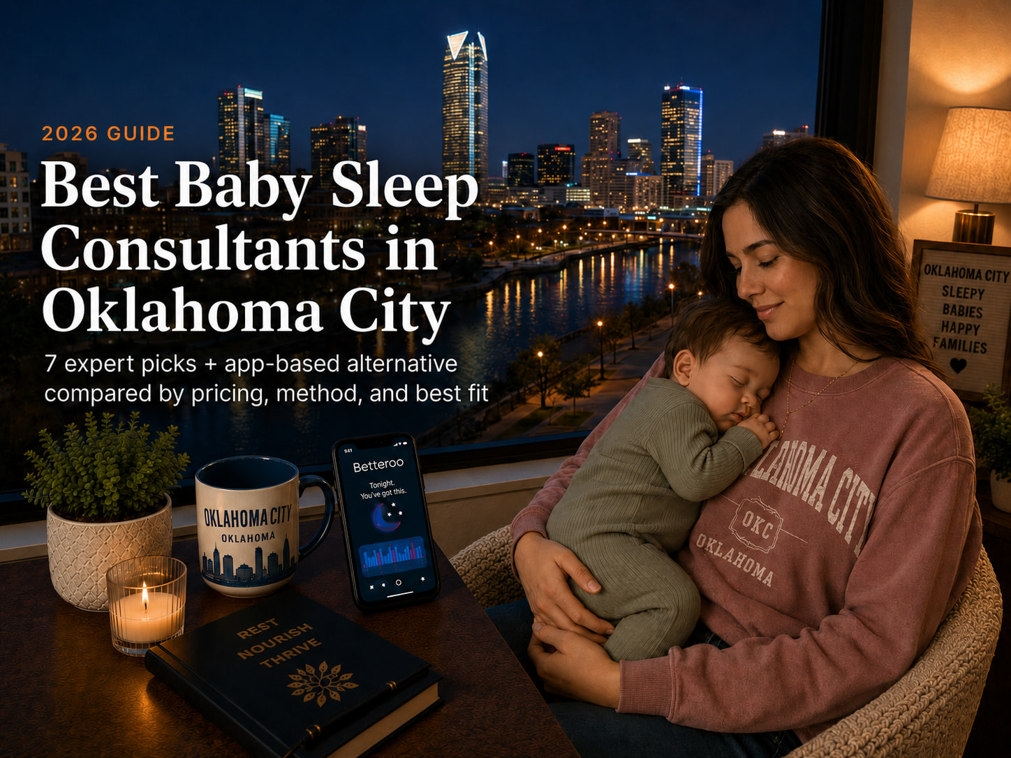 Tired parent holding a baby near a window framing the Oklahoma City skyline, illustrating baby sleep consultants in Oklahoma City.