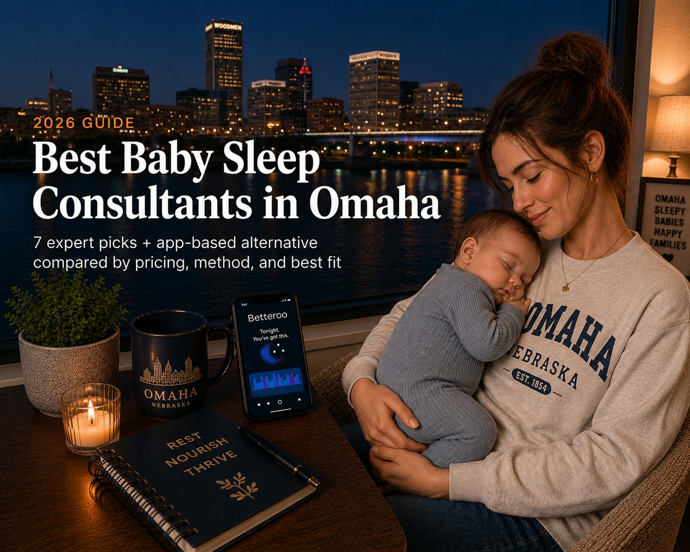 Tired Omaha parent holding a sleeping baby at home, illustrating the best baby sleep consultants in Omaha, NE.