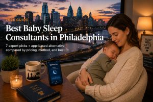 Tired Philadelphia parent holding sleeping baby in a softly lit nursery with the Philadelphia skyline and row houses at dusk, illustrating the best baby sleep consultants in Philadelphia guide