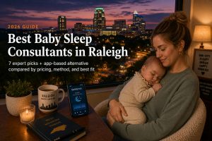 Bestbabysleepconsultantsraleigh | Betteroo Mother cradling a sleeping baby by a window with the Raleigh skyline at sunset; cover image for a guide to the best baby sleep consultants in Raleigh.