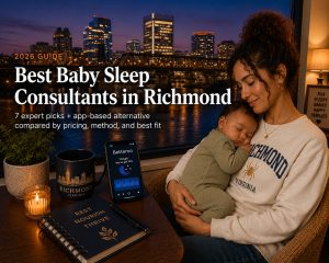 Tired Richmond parent comforting a baby at night, illustrating the best baby sleep consultants in Richmond, VA.