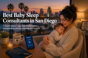 Best baby sleep consultants in San Diego 2026 — mother holding sleeping baby with San Diego skyline view